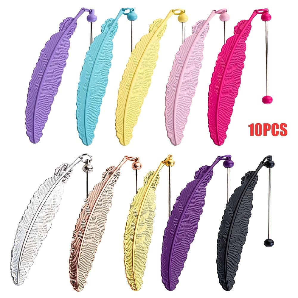 TEMU 10pcs Mixed Color Beadable Bookmarks Colorful Metal Feather Bookmark Diy Kits For Beaded To School Gift Office Supplies