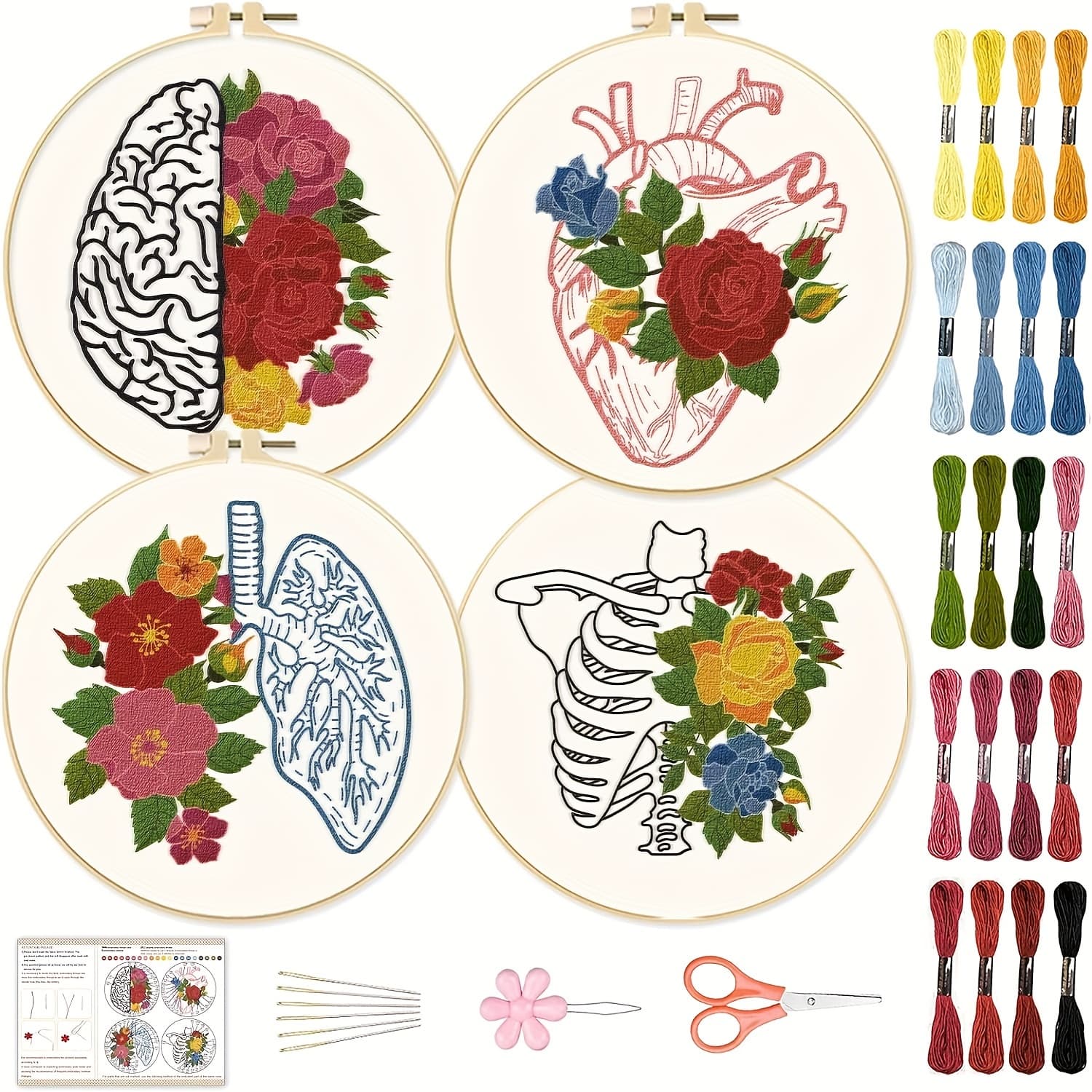 TEMU 4pcs Brain Embroidery Set, Heart-shaped Flower Cross- Kit, Adult Lung Embroidery Starter Kit For Beginners, Diy Embroidery Kit With Instructions For Home Decor, Embroidery Tools, Colors Random