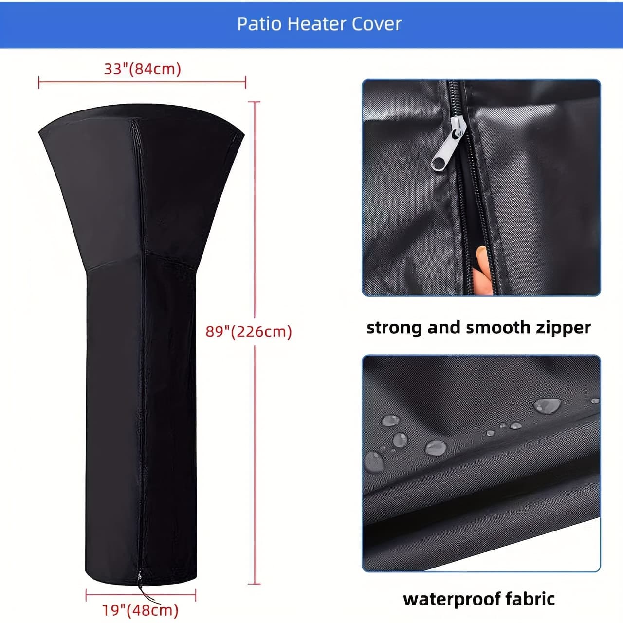 TEMU Patio Heater Covers With Zipper And Drawstring, (89" Height X 33" 19" Base, 210d Black)