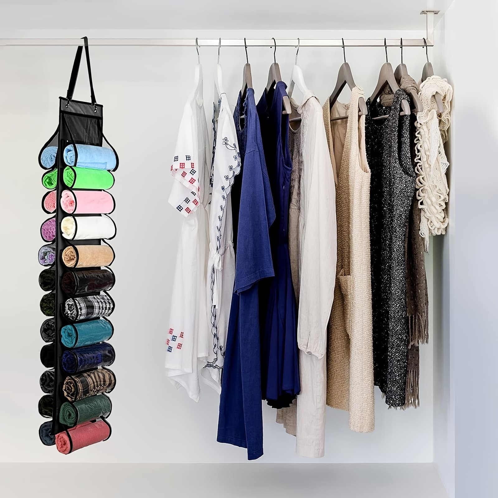 TEMU 1pc Of Collapsible Leggings Organizer, Double-sided Hanging Storage With 24 Compartments, Foldable Pockets For Jeans, T-shirts, And Socks