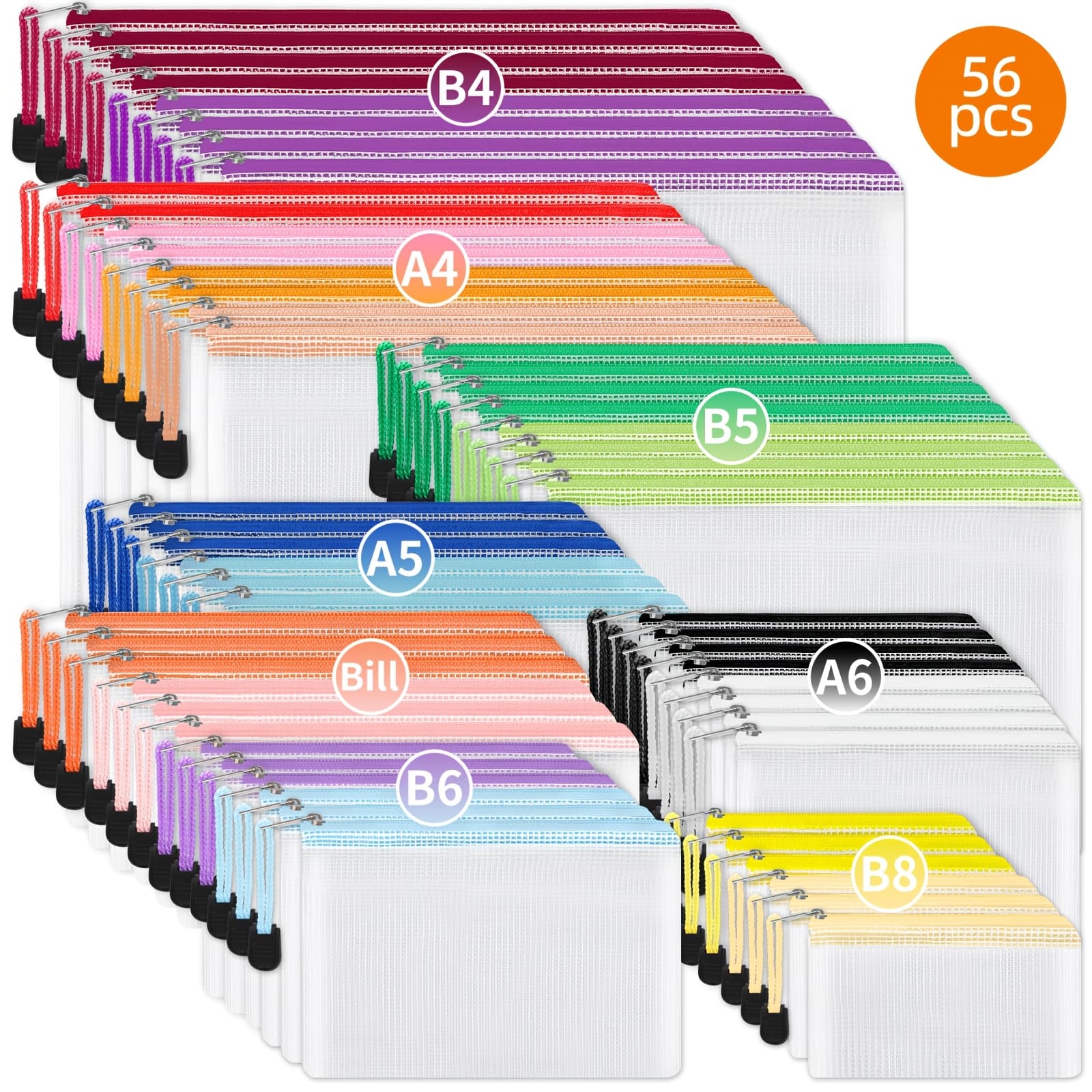 TEMU 56pcs Mesh Zipper Bags, 8 Sizes, Multicolor Plastic Zipper Pouches, Waterproof Travel Pouch, 18 Colors, Multipurpose For Storage