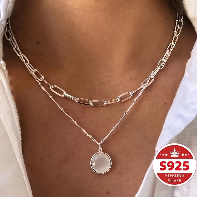 TEMU S925 Sterling Silver Stylish Alloy Stone Round Piece Stacking Style Women's Necklace