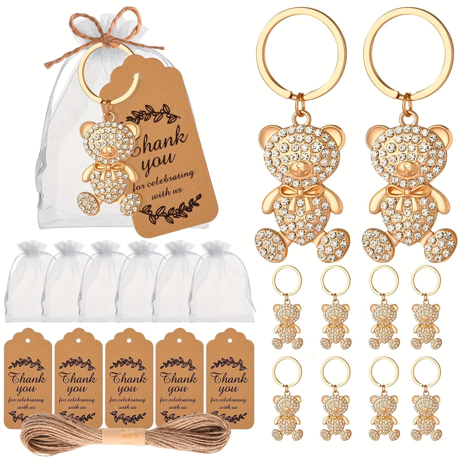 TEMU 10pcs Golden Diamond Bear Keychains With Thank You Cards & Hemp Rope - Weddings, Showers, Bridal Parties & Birthday Gifts, Best For Christmas