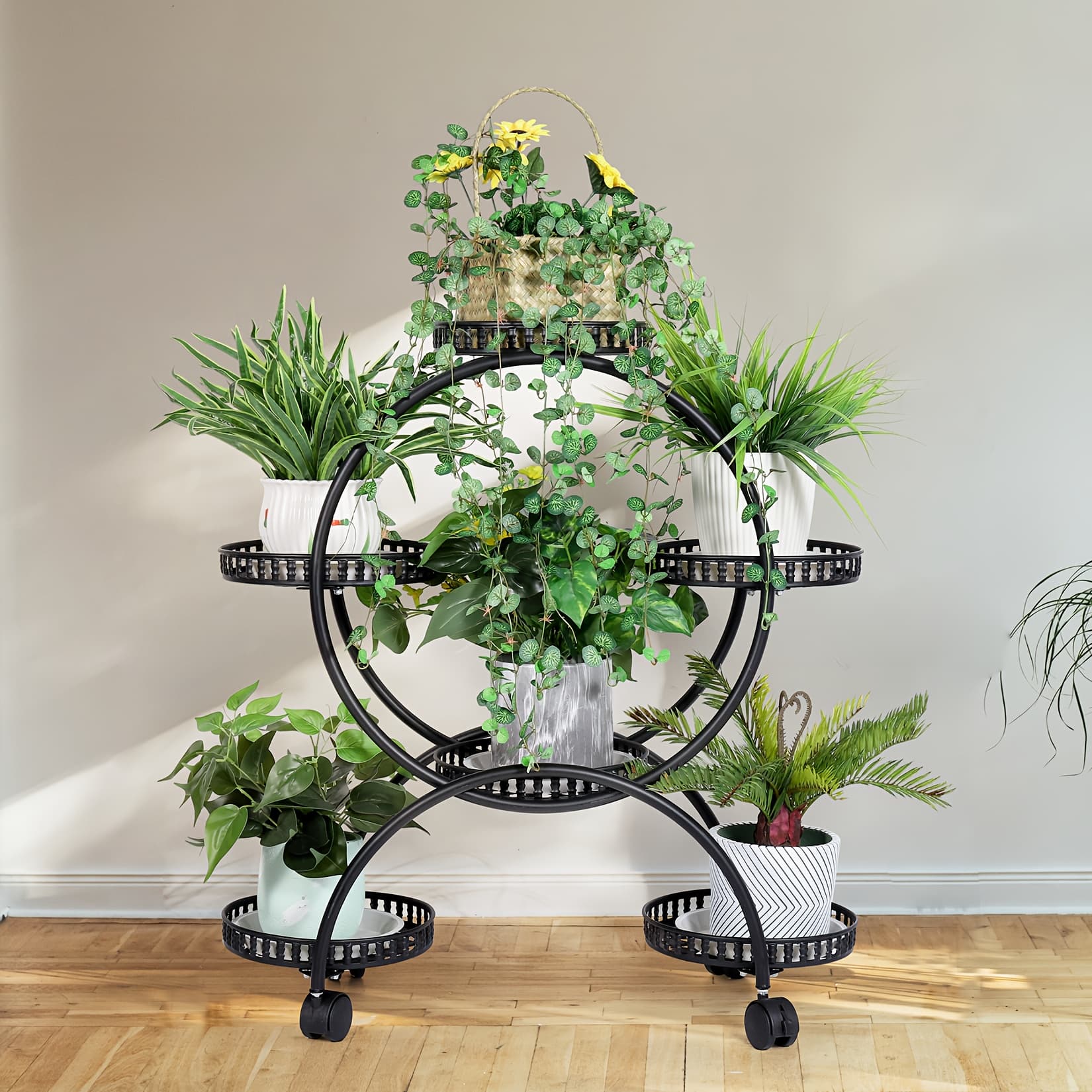 TEMU 6 Potted Metal Plant Stand Garden Cart Wrought Iron Flower Pots Rack Holder Display Shelf With Wheels For Patio Porch Balcony Decoration Furniture For Shipping