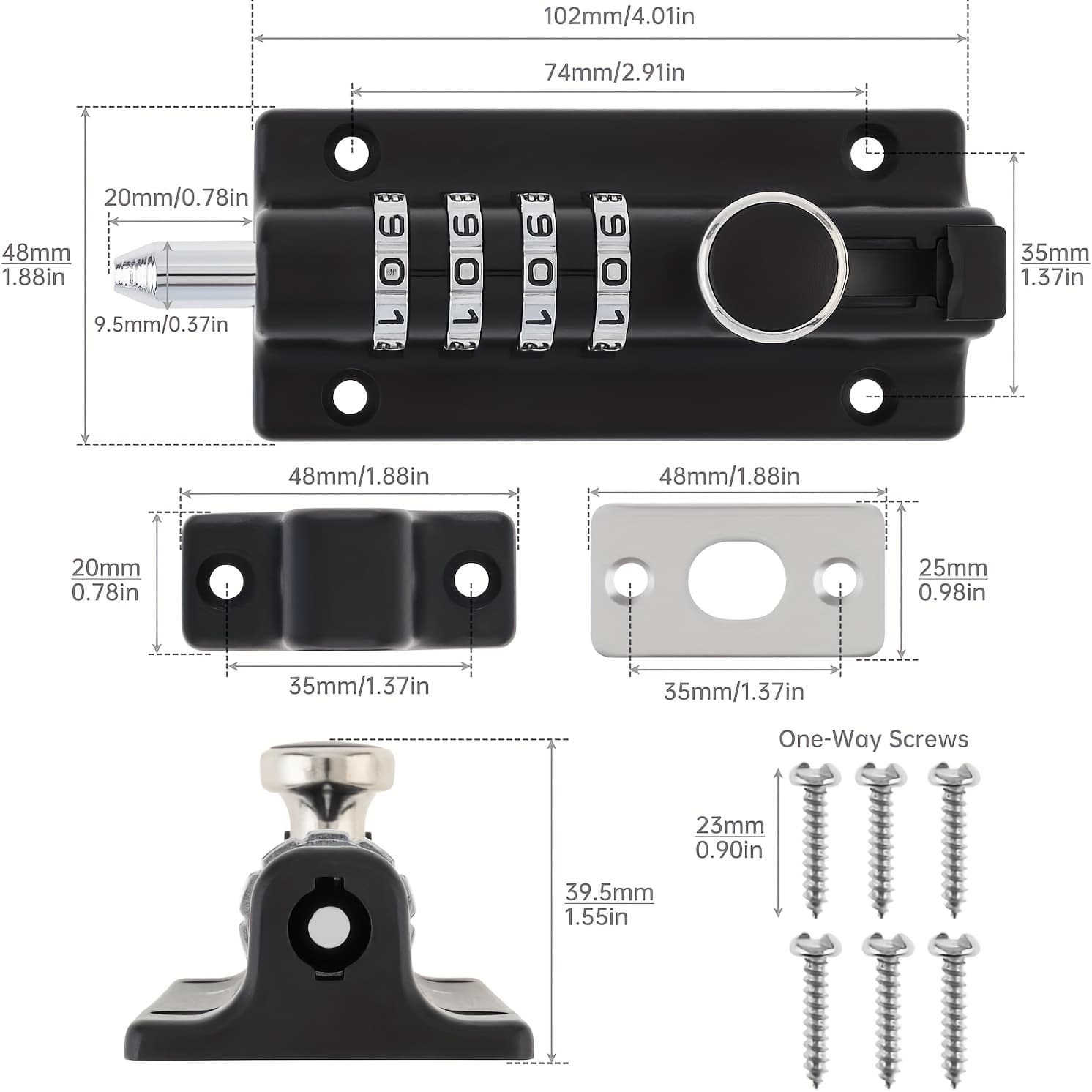 TEMU Combination Lock, 4-digit Black Combination Door Security Sliding Lock With Screwdriver Set; Heavy-duty Alloy Sliding Lock For Shed Doors And Fences