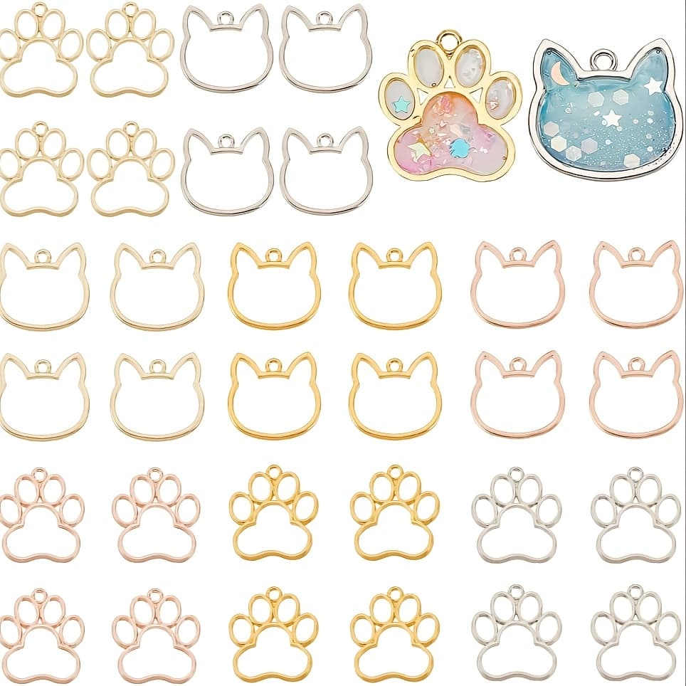 TEMU 32pcs 8 Styles Cat Head Paw Print Alloy Open Back Bezel Charms For Diy Resin Epoxy Resin Pressed Flower Jewelry, Mixed Colors 30-32x29mm, 4pcs/style
