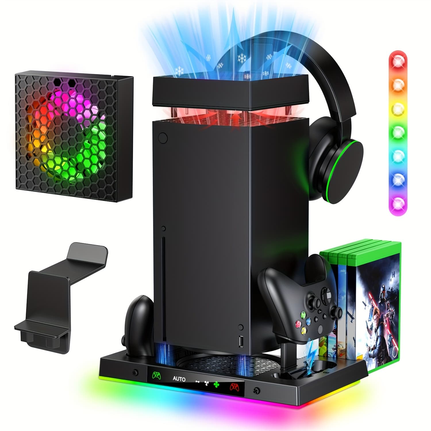 TEMU Auto Cooling Fan With Charging Stand Additions For With High Power, Wireless Dual Charger Station For X Controller, Headset Stand And Game Disc Storage (black)