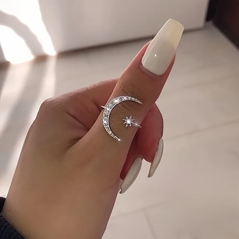 TEMU Adjustable Designed With A Starry Sky And Moon Motif, From 925 Sterling Silver And With Sparkling Zirconia, Perfect As A Gift For Women