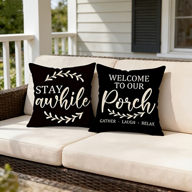 TEMU 2pcs, Welcome To Our Porch Stay Decorative Throw Pillow Covers, Black Laugh Relax Patio Outdoor Outside Country Home Decor, Farmhouse Couch Housewarming Gift