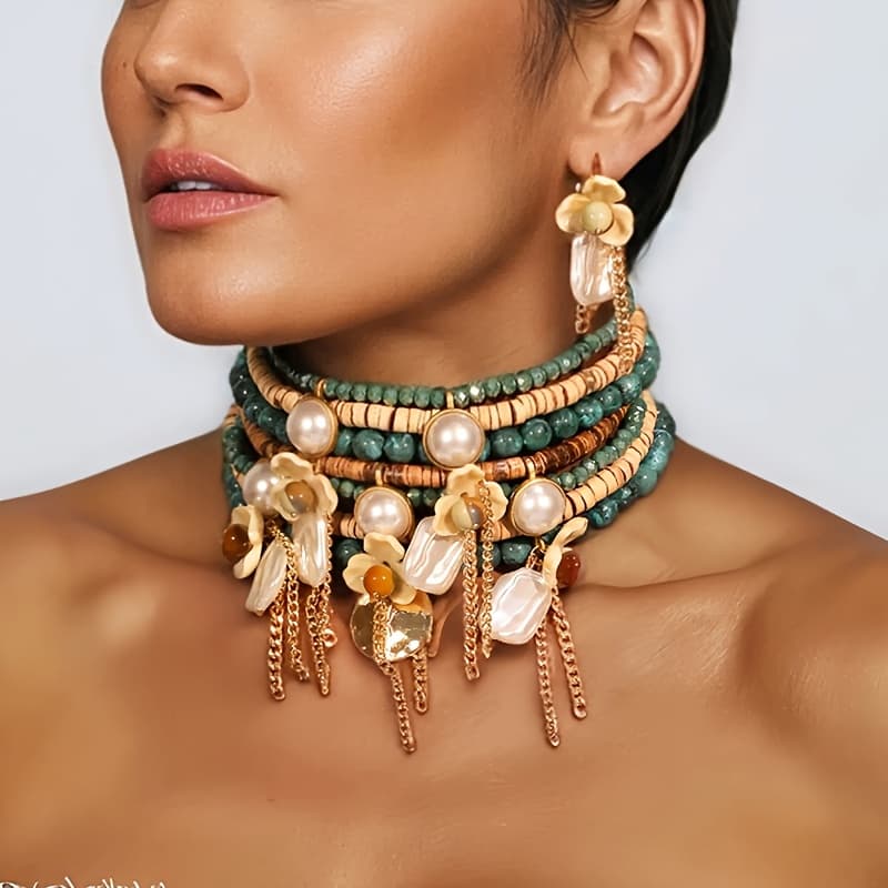 TEMU Beaded Faux Pearl Necklace Bohemian Style Flower Alloy Inlaid Fashion Clavicle Chain