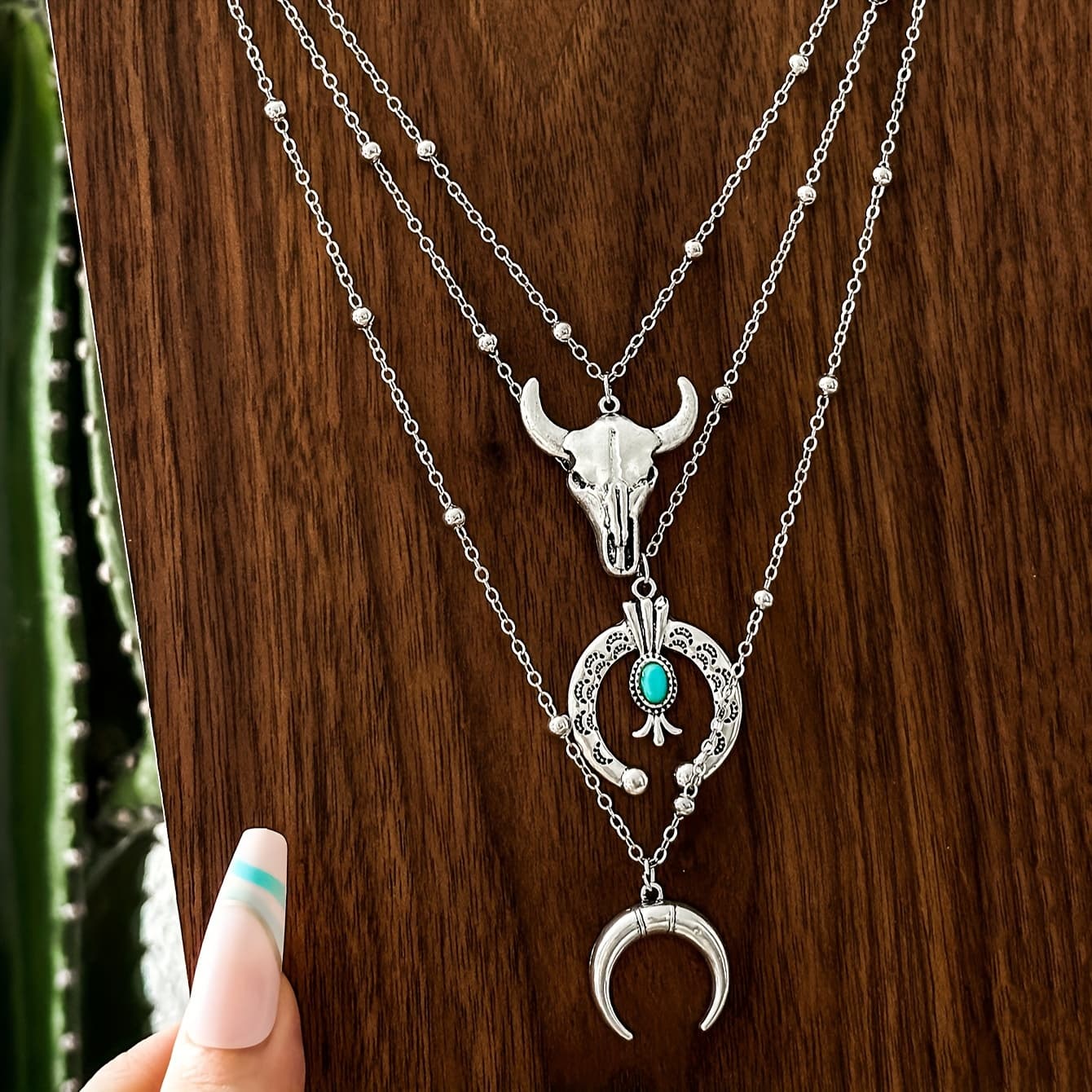 TEMU 3pcs Set Of Iron Chain Turquoise-inlaid Alloy Pendant Necklace Combo, Western Ethnic Style Cowboy Half Moon Horseshoe Eagle Vintage Daily Wear Gift Holiday Stackable Three-necklace Set