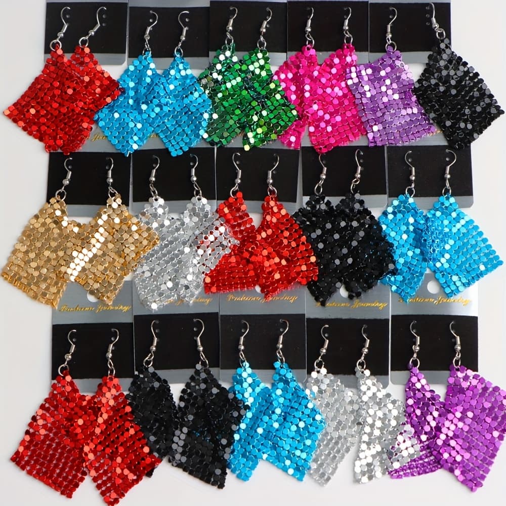 TEMU 9 Pairs Of Fashionable Colorful Sequin Tassel Earrings, Square Geometric Long Drop Earrings For Women, Party Prom Gift, Daily Wear Jewelry Accessories, Random Styles Without Boxes