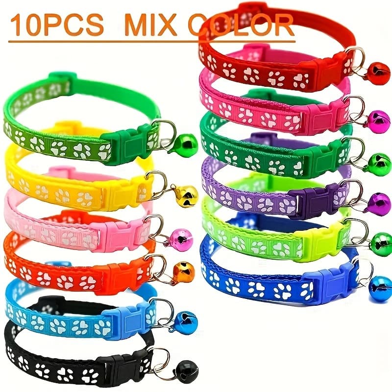 TEMU 10pcs Adjustable Nylon Pet Collars With Bells - Vibrant Cartoon Paw & For Dogs And Cats