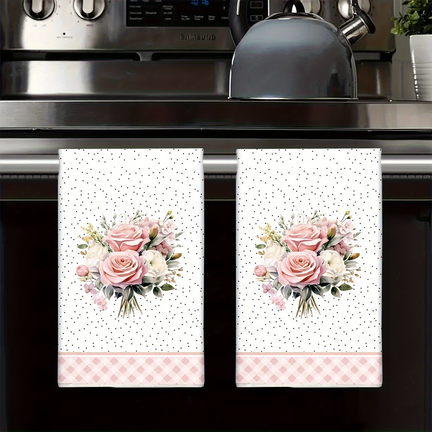 TEMU 2pcs, Ultrafine Fiber Hand Towels, Contemporary Floral & Polka , Absorbent Kitchen Dish Towels, Tea Towels For Cooking, Baking, Housewarming, Bathroom Use