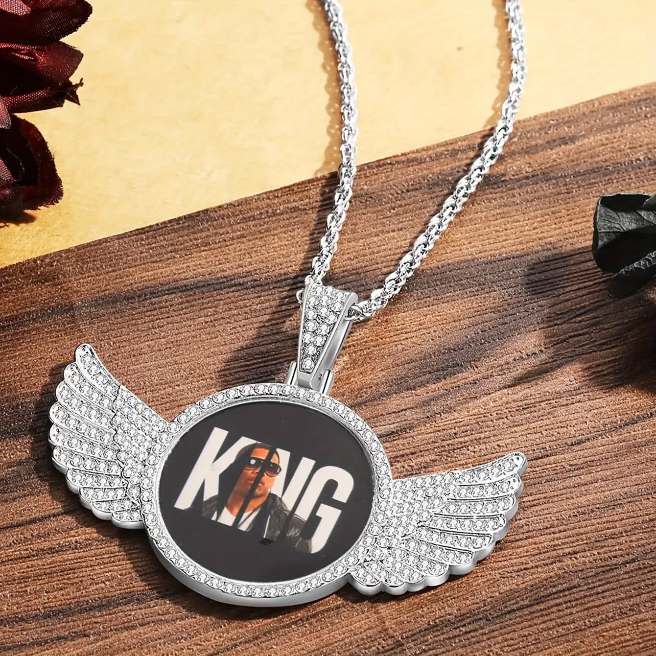 TEMU Customized Photo Necklace With Wings - Personalized Round Photo Pendant Jewelry, Elegantly Designed Alloy Wings Suitable For Casual Attire And Christmas Gifts.