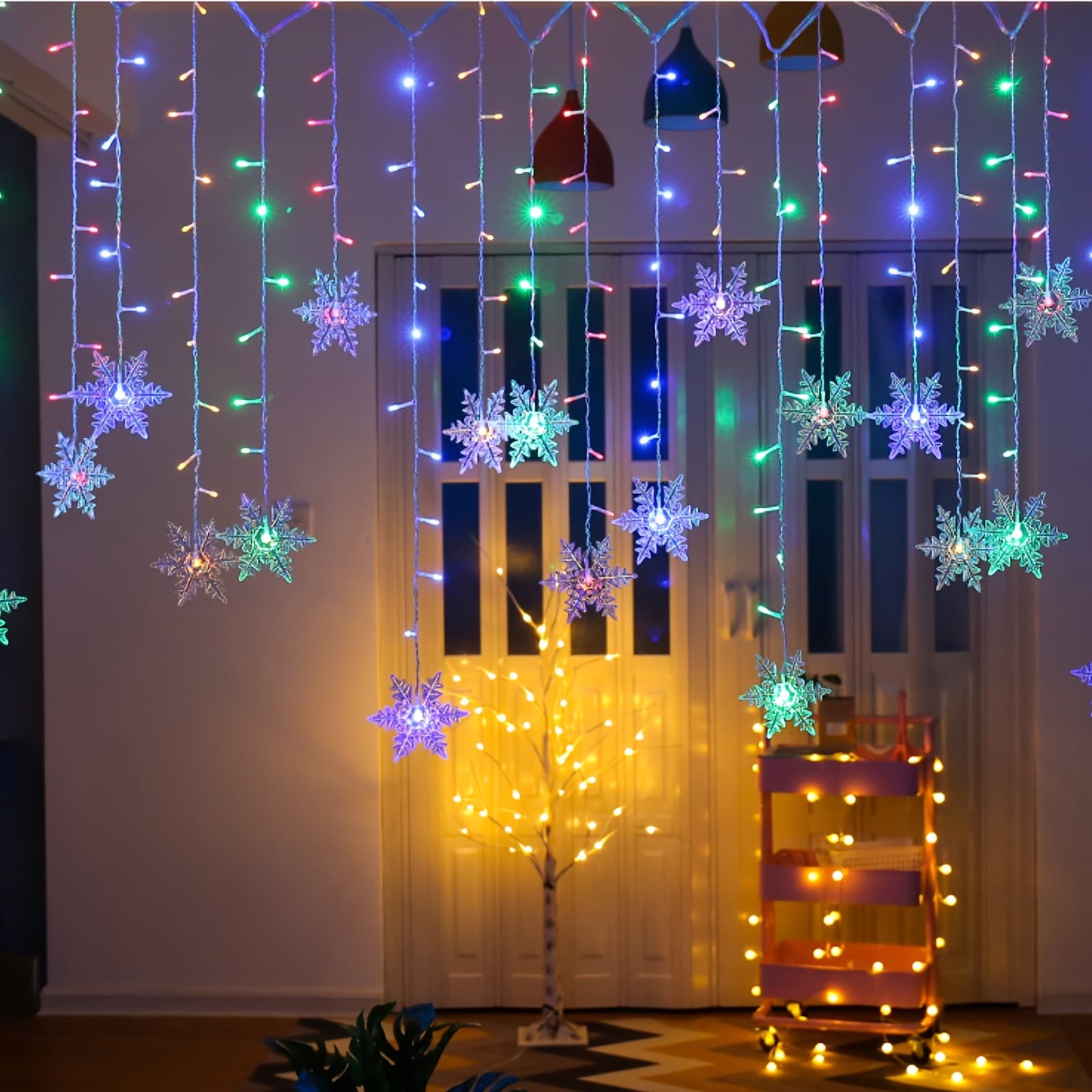 TEMU Led Snowflake Window Lights With Curtain String Design, Featuring 8 , Ideal For Decorating Homes For Christmas, Weddings, And Parties