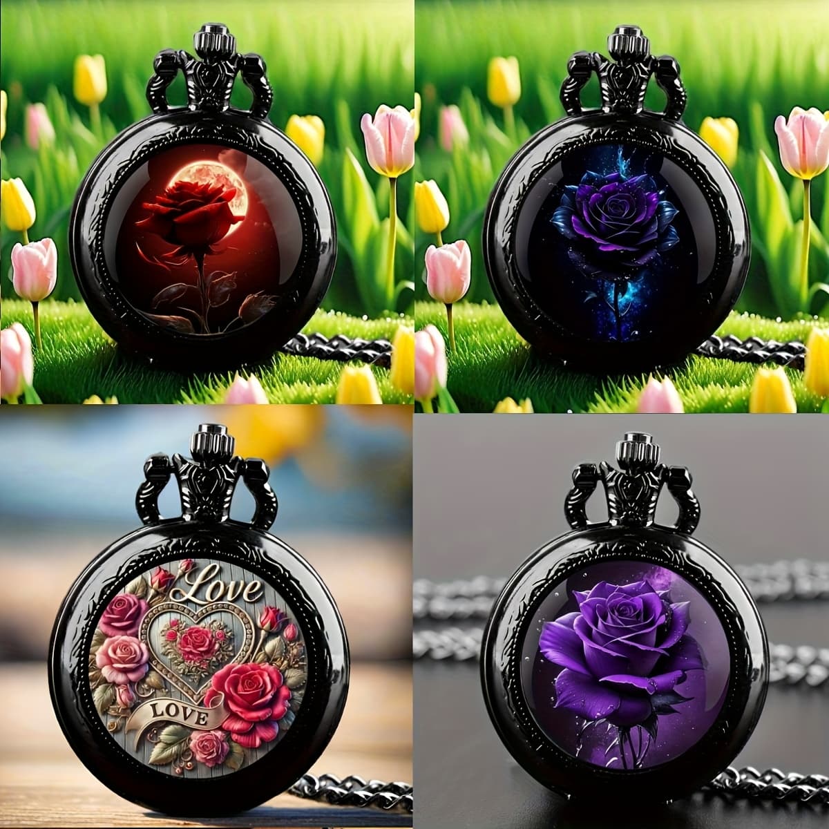TEMU 4pcs/set Exquisite Vintage Mini Different Flower Pattern Pocket Watches, Quartz Movement, , Decorative Charm, Stylish Accessory, Decorative Watch, Pocket Watches For Women