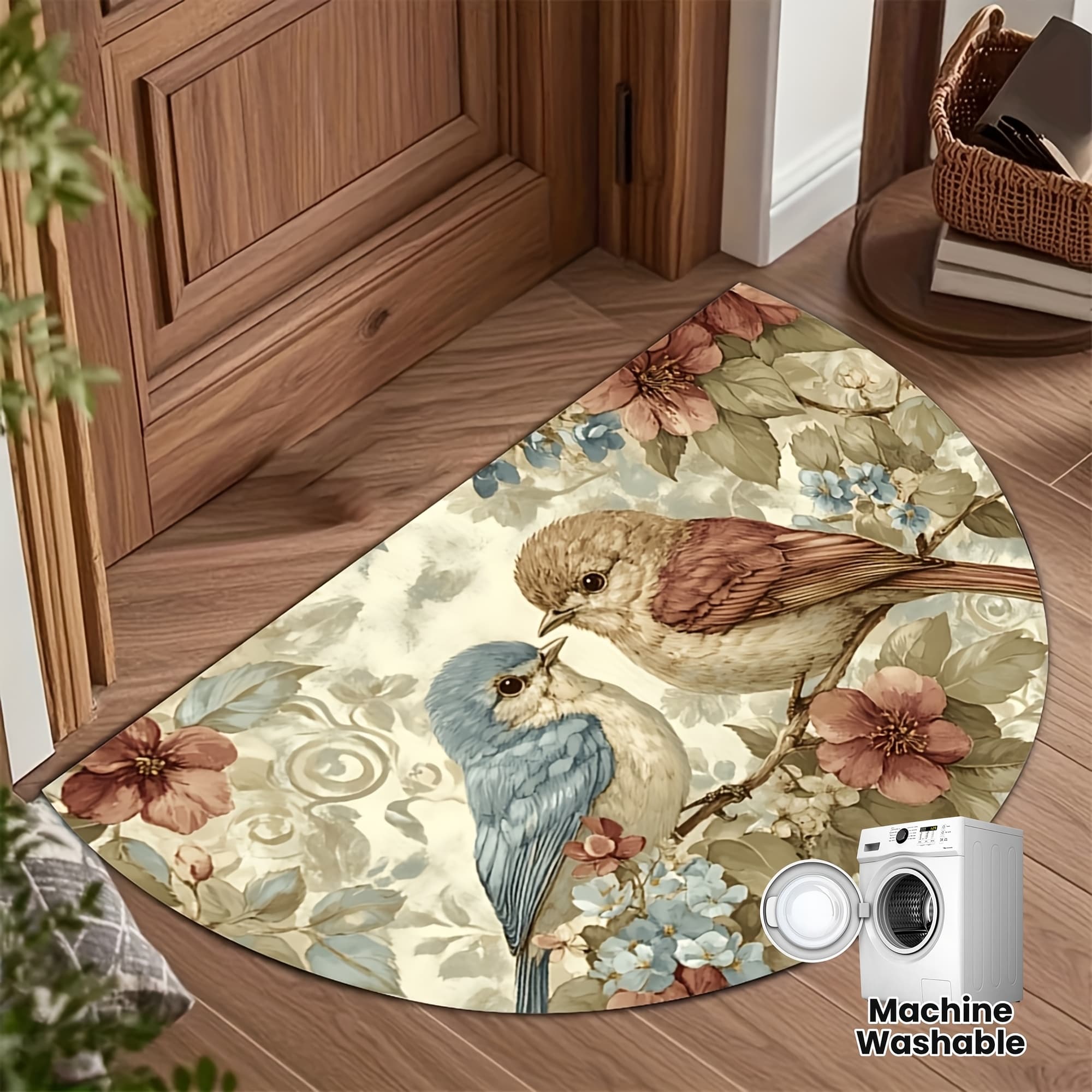 TEMU 1pc 2d Flat Vintage Chinese Bird And Floral Semicircular Doormat | Polyester, Unnapped Woven Fabric, Easy To Clean For Indoor And Outdoor Use, Multiple Sizes