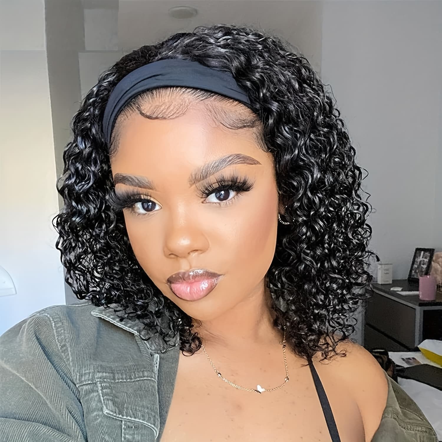 TEMU Headband Wig, Human Wig, For Woman, Cut Wig, No Glue Wig, Short Curly Hair Headband Wig, Density, Natural Black, Beginners Friendly