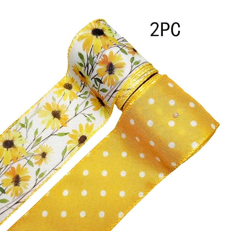 TEMU 2 Rolls, Daisy Flowers Yellow Dots Wired Edge Ribbon Summer Floral Fabric Ribbon For Diy Crafts Wreath Bow Making Wrapping Party Decor Supplies