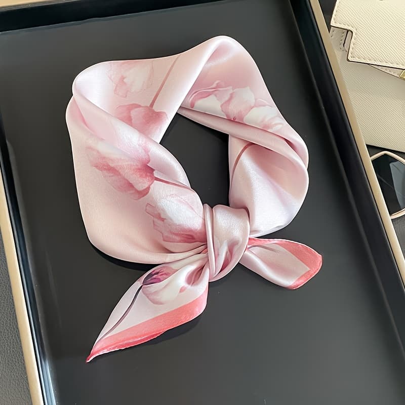 TEMU Spring Autumn Summer Literary Pink Floral Small Square Scarf Scarf Women's Country Style -match Decorative Bag Hairband