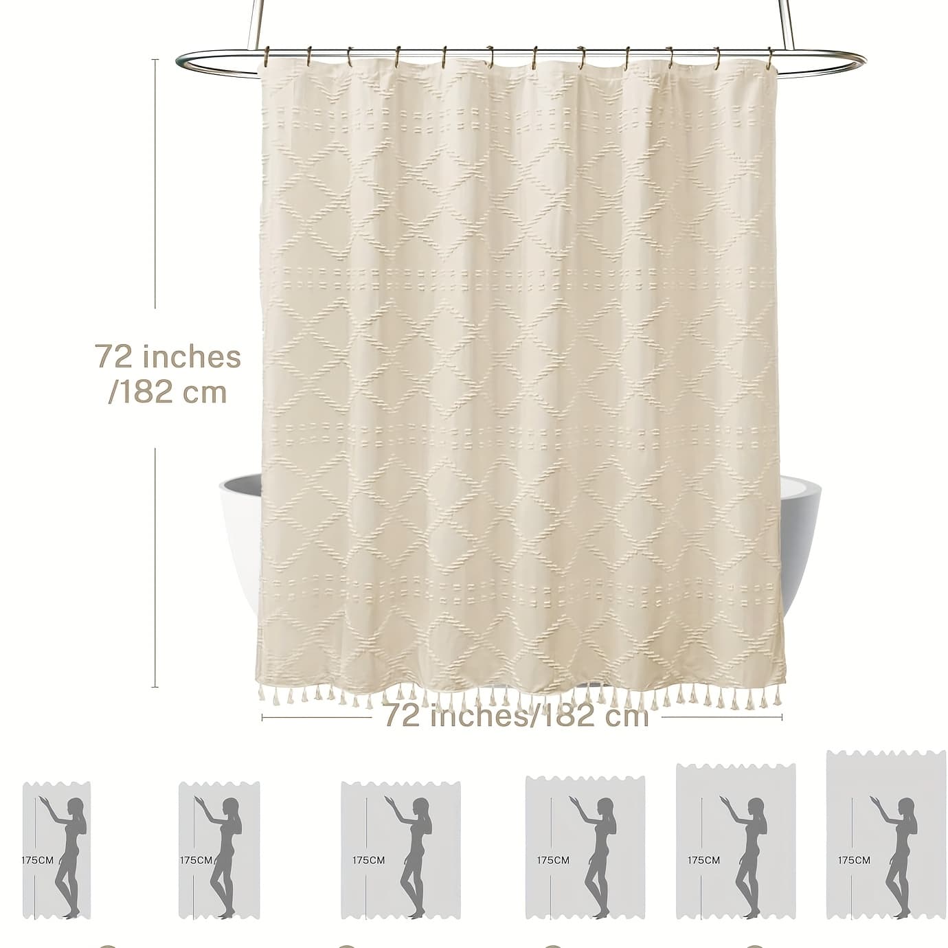TEMU Bohemian Diamond Pattern Shower Curtain Set Gray/beige/white/black/blue Curtain With 12 Rust-proof Metal Grommets, Tassel Accents & Anti-fly- | Luxe Bathroom Decor With Soft Fabric Coating