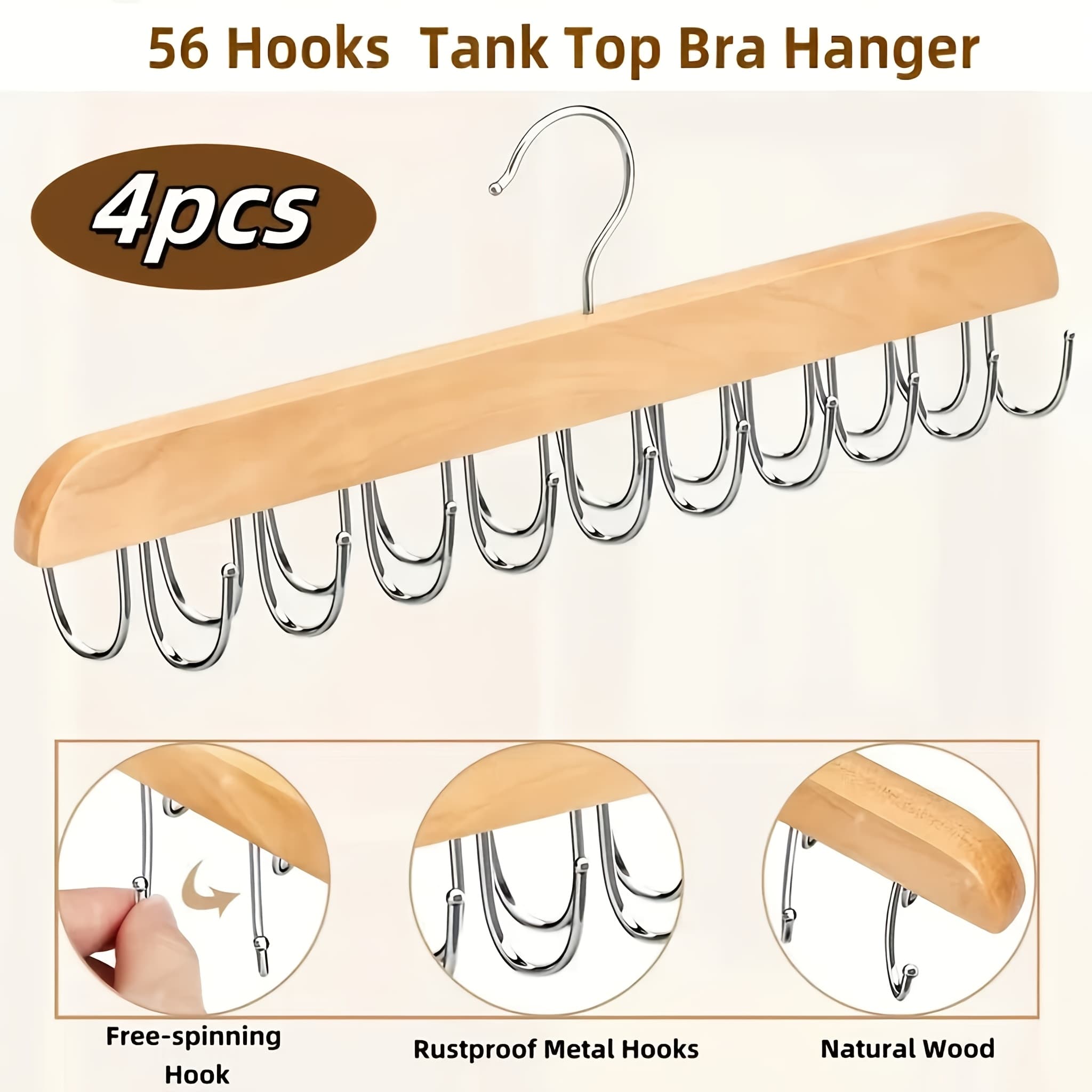 TEMU Set Of 4 - Belt Underwear Hangers | Each With 20 Hooks, 360° Rotating Wooden Belt Racks, Lacquered End, Organizer For Ties, Vests, And Additions