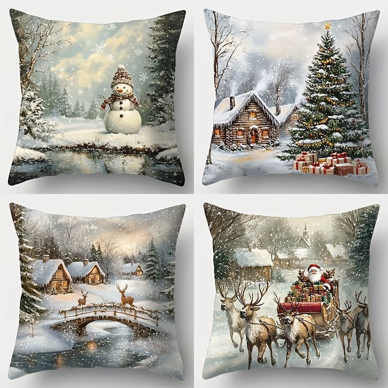 TEMU Set Of 4 Christmas-themed Pillow Covers Featuring A Snowy Backdrop, Perfect For Decorating Your Home, Bedroom, Or Living Room (pillow Inserts Are Not Part Of The Package)