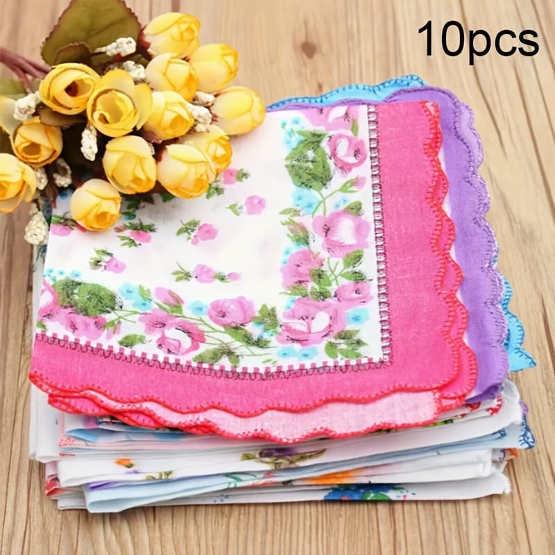 TEMU 10-pack Elegant Vintage Floral Women's Handkerchiefs, , Square Washable Hankies – Stylish Women's Fashion Accessory