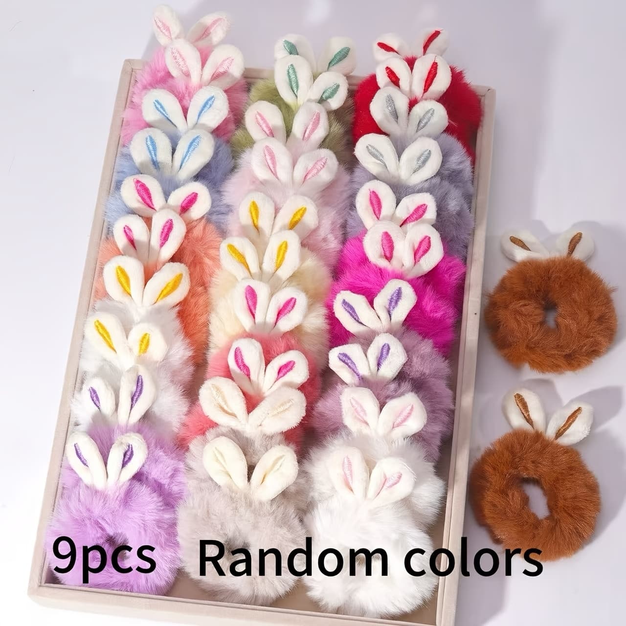 TEMU 9pcs Random Color New Style Ponytail Holder Hair Ties, Fairy Autumn/winter Headwear, Korean Style Ear Plush Scrunchies