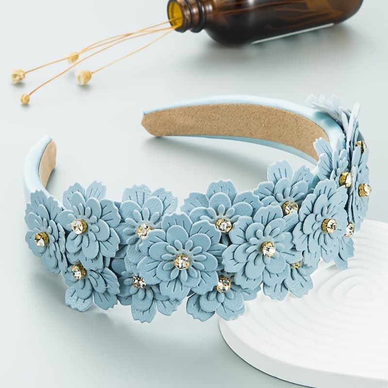 TEMU 1pc Europe And The United States New Faux Leather Flower Headband Women's Small Flower Headband Sponge High Cranial Top Retro Diamond Trend Hair Additions
