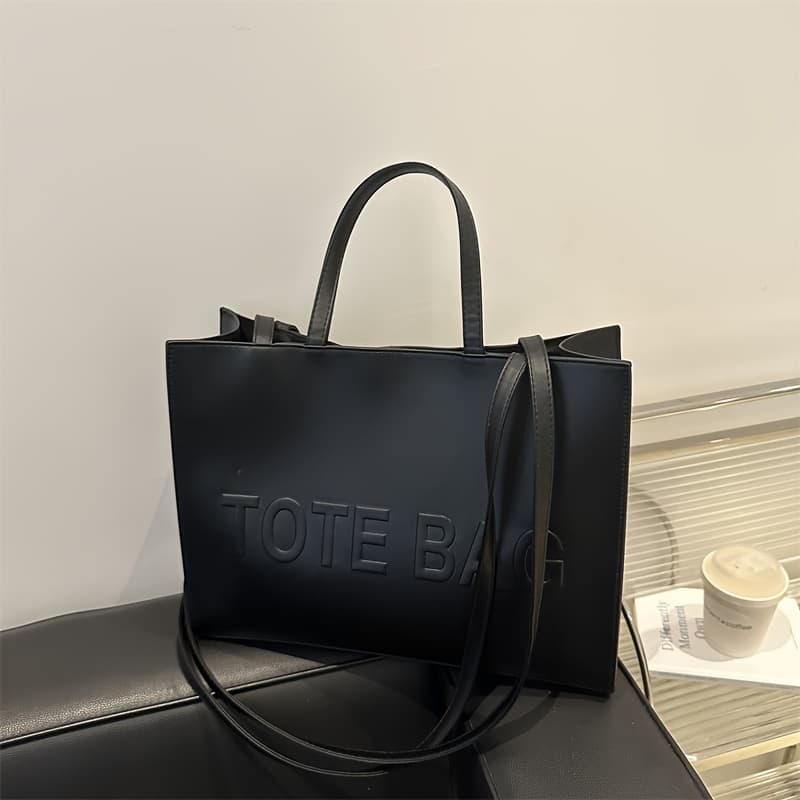 TEMU Women's Large Capacity Tote Bag Compatible For Work//travel - Elegant Black Handbag With Ic Closure, Adjustable Crossbody & Top Handle, Embossed Lettering, Durable Casual Shoulder Bag