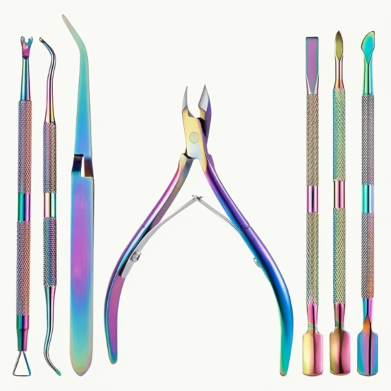 TEMU 7pcs/set Stainless Steel Nail Cuticle Scissors Set With Dead Skin Pusher, Manicure Pedicure Tools, Nail Files, Polish Gel Remover - Perfect For Professional Nail Care
