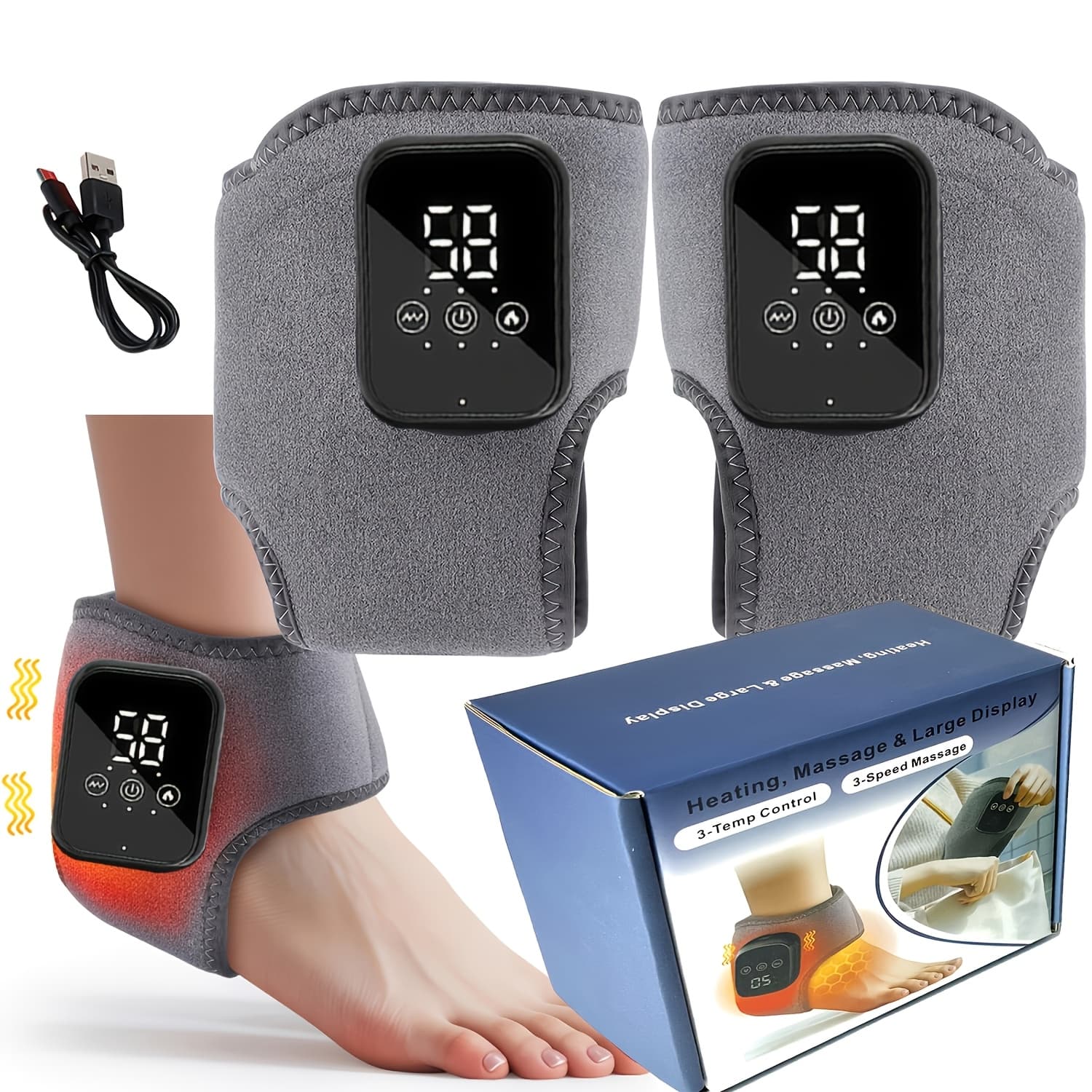 TEMU Portable Electric Foot Heating And Massage Device, Heated Ankle Pad With Heating Function 3 Heat Levels And 3 Vibration , Timed And Touch Screen, Suitable For Feet, Ankle