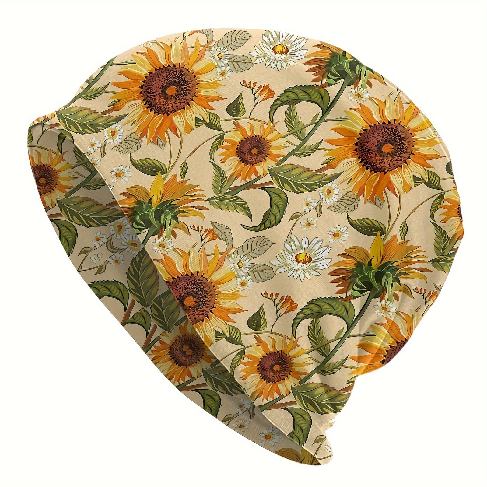 TEMU Retro 60s 70s Sunflower Beanie, Golden Floral Thin Hippie Bonnet, Ski For Autumn And Spring, Brimless, Bohemian