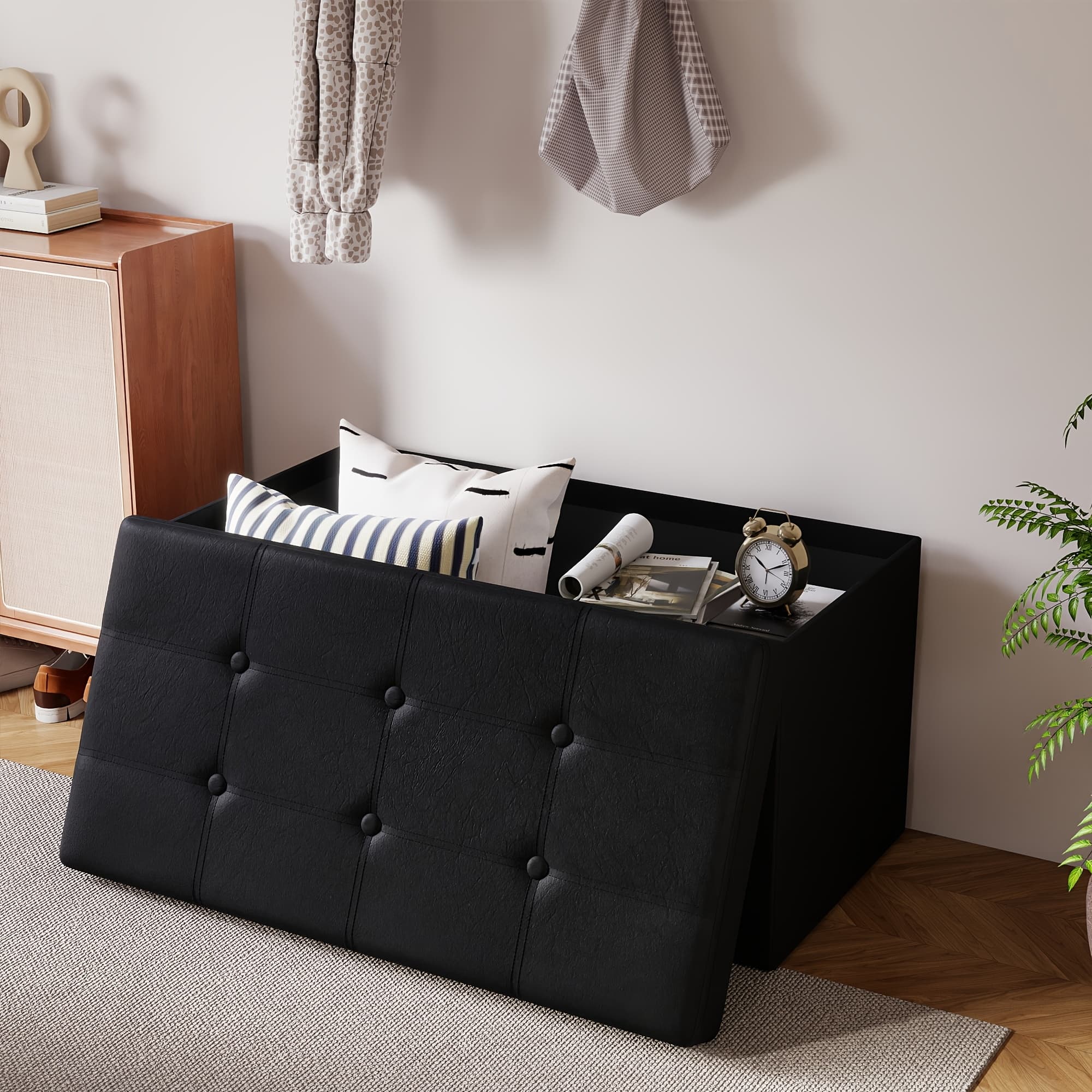 TEMU Leather Or Linen Ottoman Storage Bench, 3 Sizes 30', " And 43.5" Wide, Comfy Padded Seat, 500 Pound Capacity, In Black, Light Grey, And Dark Grey