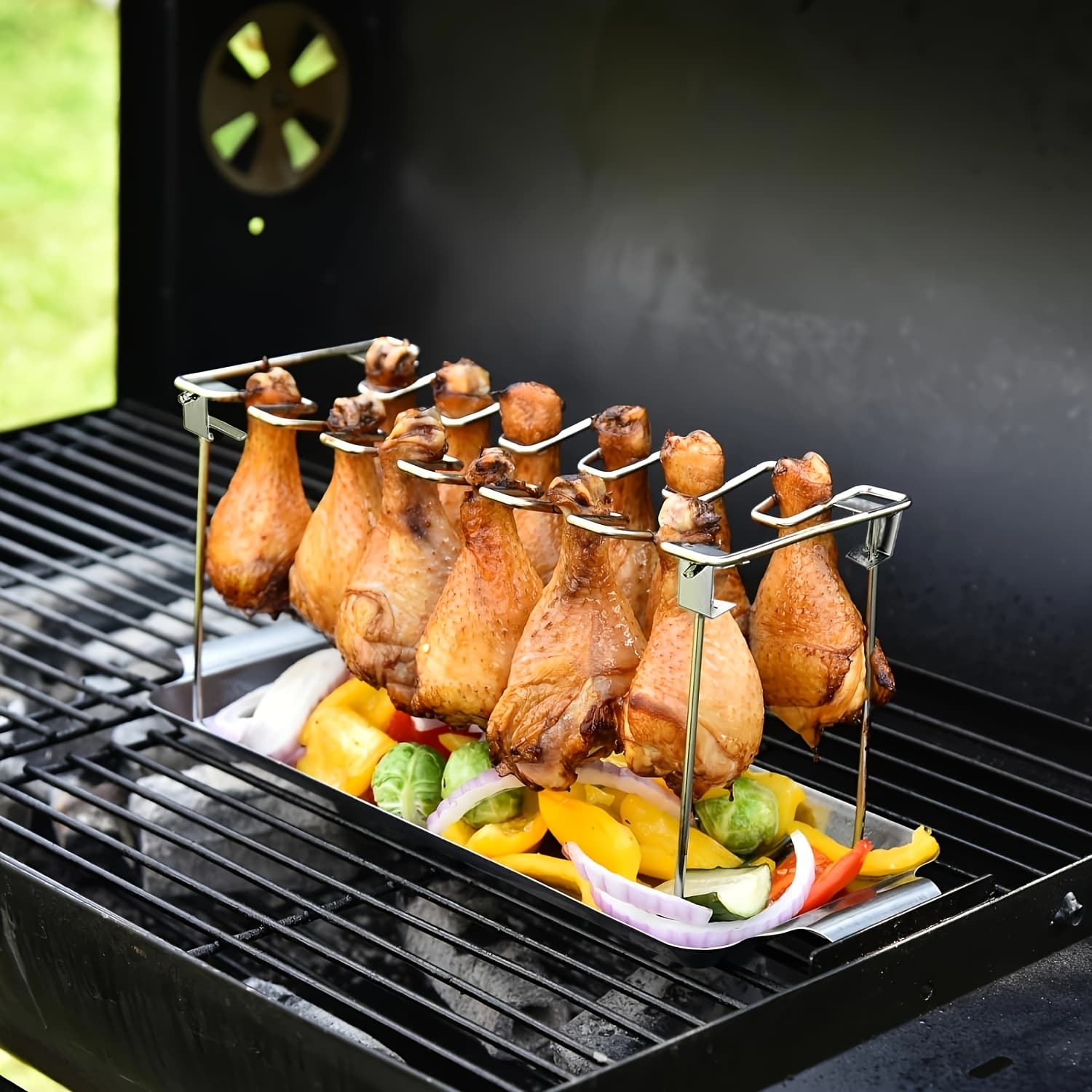 TEMU Stainless Steel Chicken Leg & Wing Rack, 14-slot Foldable Vertical Roaster Stand For Bbq, & Oven, Kitchen Accessory For Picnics, Camping & Cooking