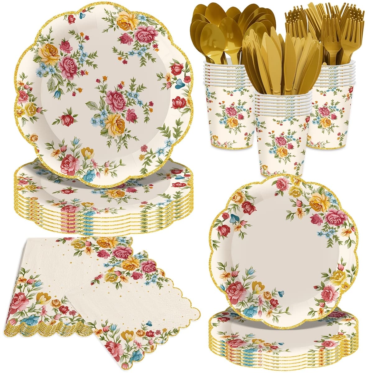 TEMU 140pcs, Vintage /summer Party Decorations Tableware Set, Tea Party Supplies Floral Paper Plates And Napkins, Birthday & Christening Shower Party Paper Plates, Serves 20 Guests