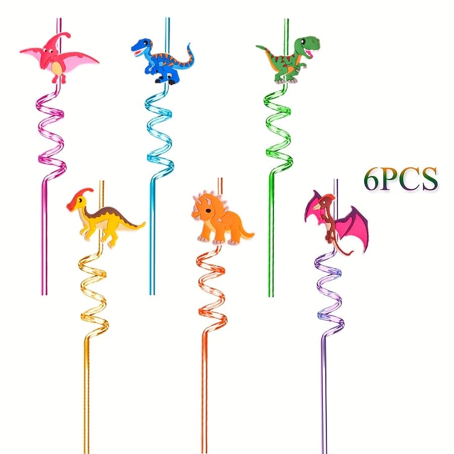 TEMU 12/6pcs Cartoon Dinosaur Straw Reusable Beverage Straw Pet Food Grade Plastic Fun Straw Dinosaur Theme Party Birthday Straw Decoration Supplies Small Gift