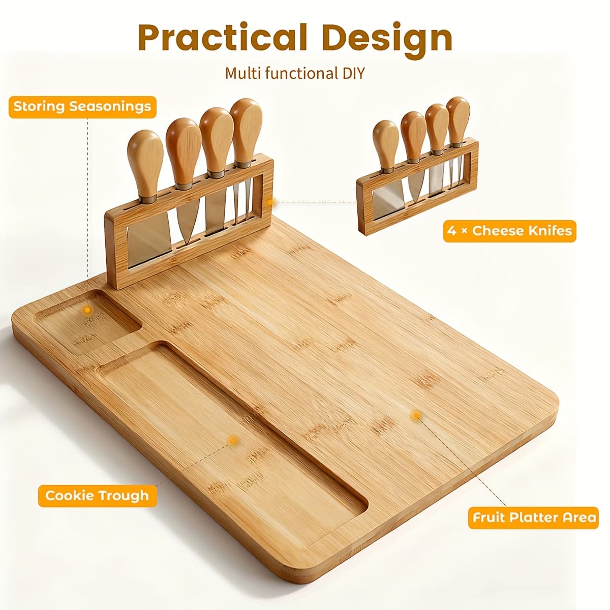 TEMU Charcuterie Board With 4pcs Knife Set Large Cheese Tray For Entertaining Moisture-resistant Serving Platter For Weddings Housewarming & Thanksgiving Parties