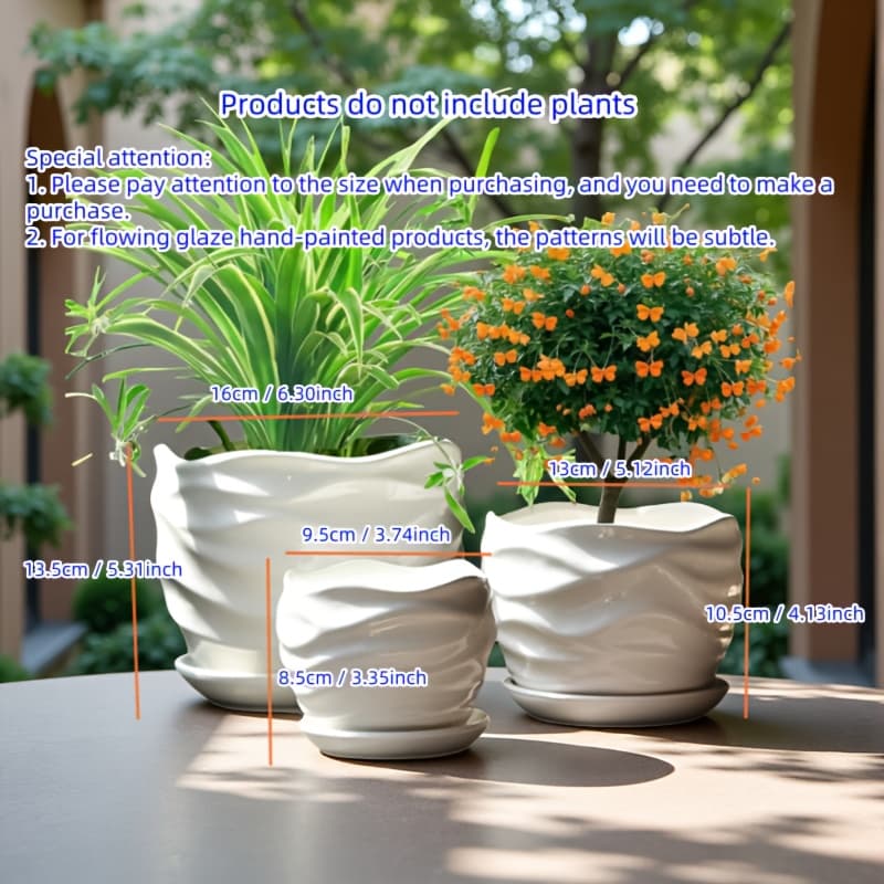 TEMU 3pcs 6-inch 5-inch 4-inch Large, Medium And Small Corrugated Pattern Ceramic Flower Pot With Drainage Holes - Perfect For Indoor And Outdoor Succulents, Vanilla And Flowers, , Round Design