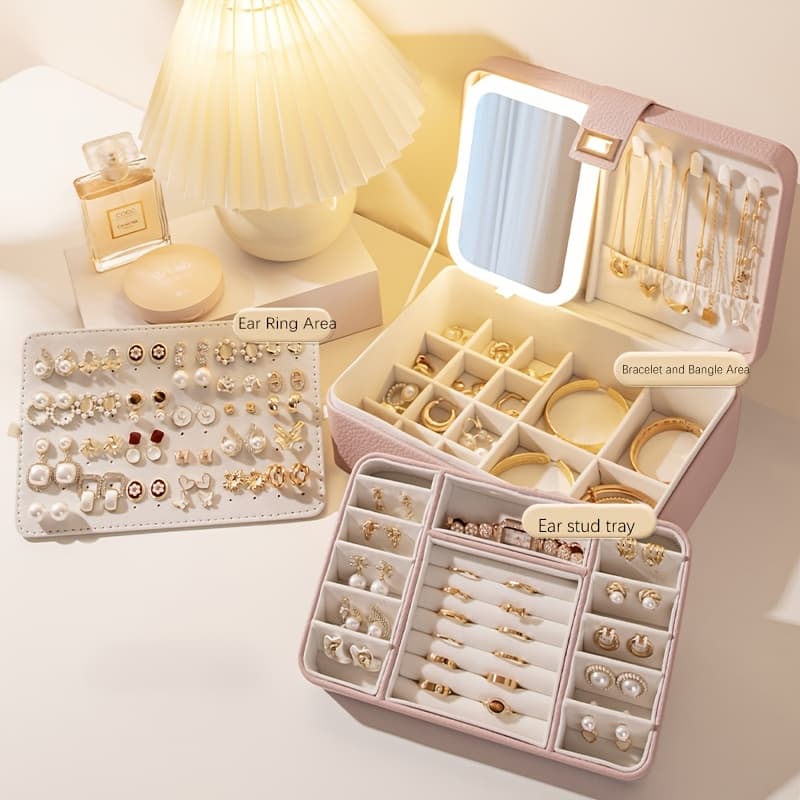TEMU Led Light Storage Box With Mirror, Travel Makeup Box Storage Box - 3 Layers, Adjustable 3 Colors, Makeup Mirror Jewelry Box Christmas, Valentine's, Gift