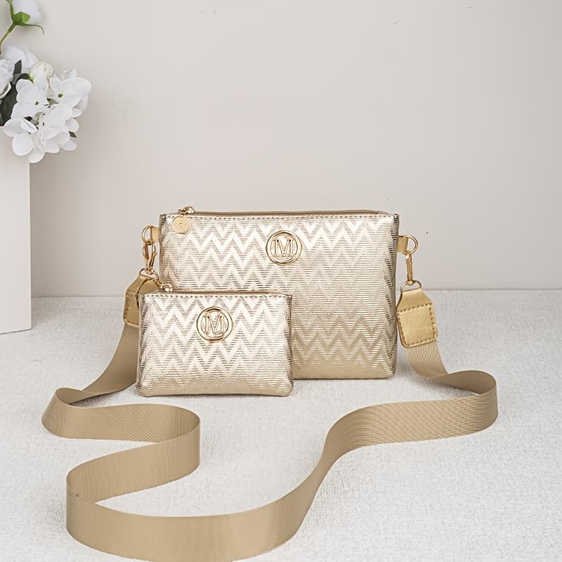 TEMU Fashion Metallic Crossbody Bag And Detachable Mini Coin Purse, Women's Trendy Handbag, Lightweight Wide Shoulder Strap Shoulder Bag