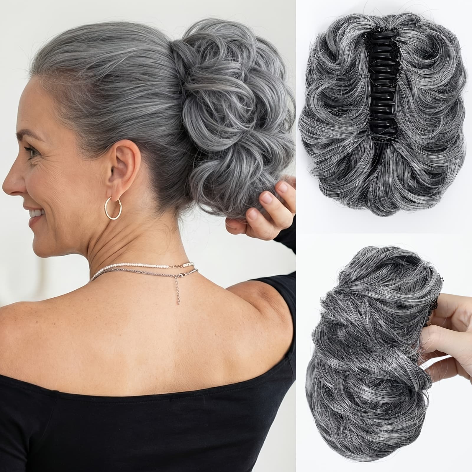 TEMU Grey Curly Claw Clip Ponytail Extension - Synthetic Hairpiece For Women, Fake Wig Updo For Daily/party/cosplay
