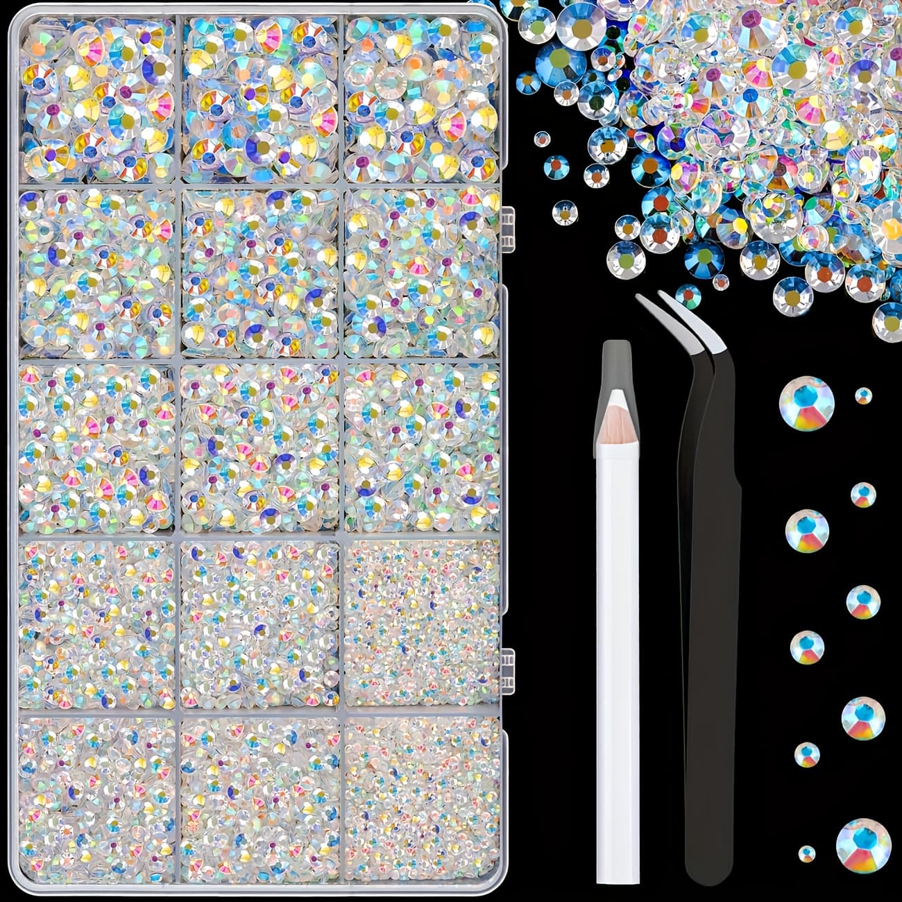 TEMU 15 Grids 5500pcs Resin Crystals, With Tweezers, Suitable For Handicrafts, Transparent Flat-bottomed Gemstones, Suitable For Crafts, Clothing, Cups, Shoes, Fabrics And Nail Art!