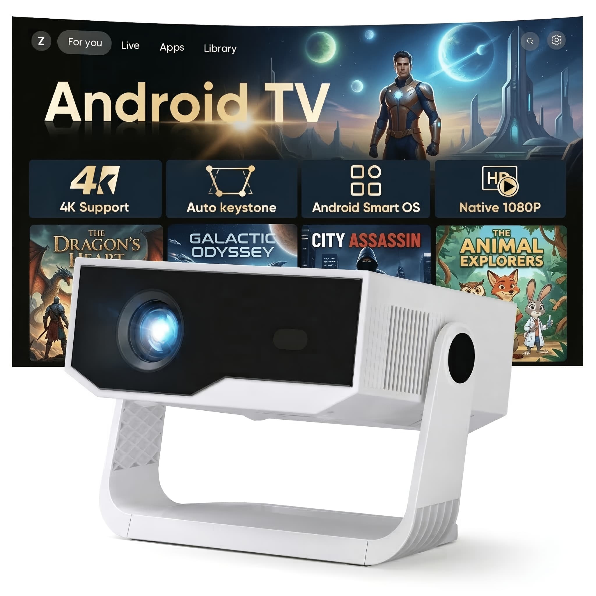 TEMU Zdk Portable Projector, Supports Wi-fi 6 And Wireless, 360° Smart Projector With Keystone Correction, Ideal For Use In The Bedroom