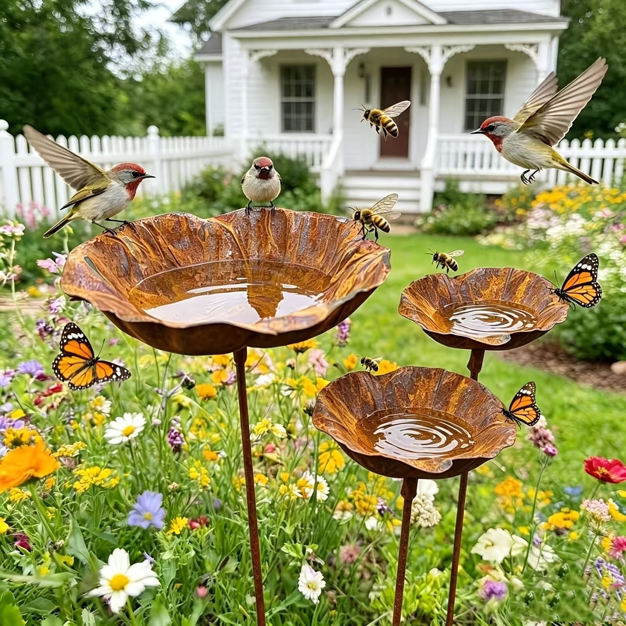 TEMU 3pcs Vintage Wrought Feeder With An Rust Finish, Blending Into . Serves Dual Purposes, Holding Water And Food. Standing In , It Attracts Hummingbirds And Butterflies, Charm To Your