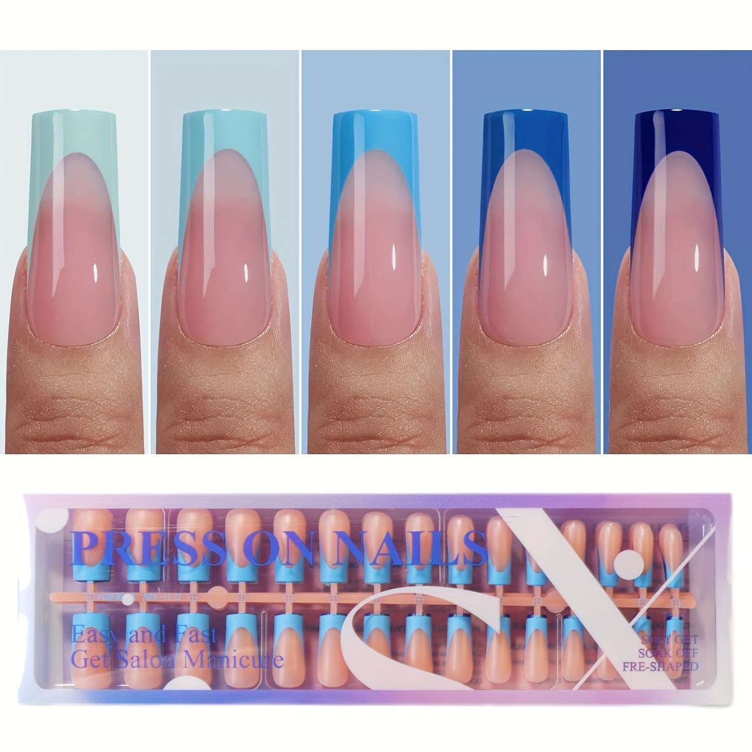 TEMU 150pcs Classic French Rectangular Blue Press-on Nails, 14 Sizes, Beautifully Packaged Valentine's Day Gifts