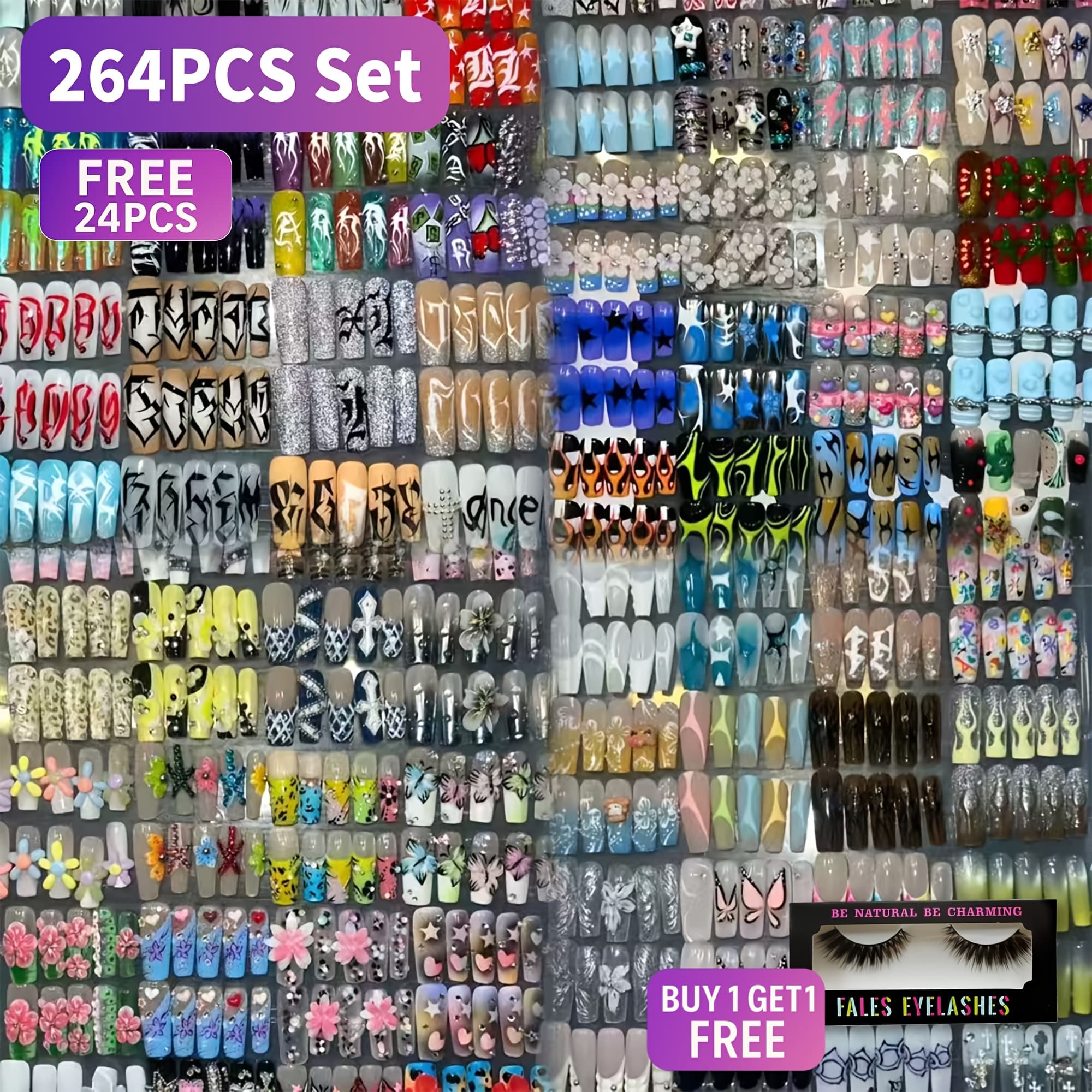 TEMU 264pcs+24pcs Nail Art Set Featuring Stylish Designs Including, Rhinestones, Hearts, And Patterns In Nude, Pink, And Mixed Colors. Perfect For Any Occasion. Reusable, Easy To Apply