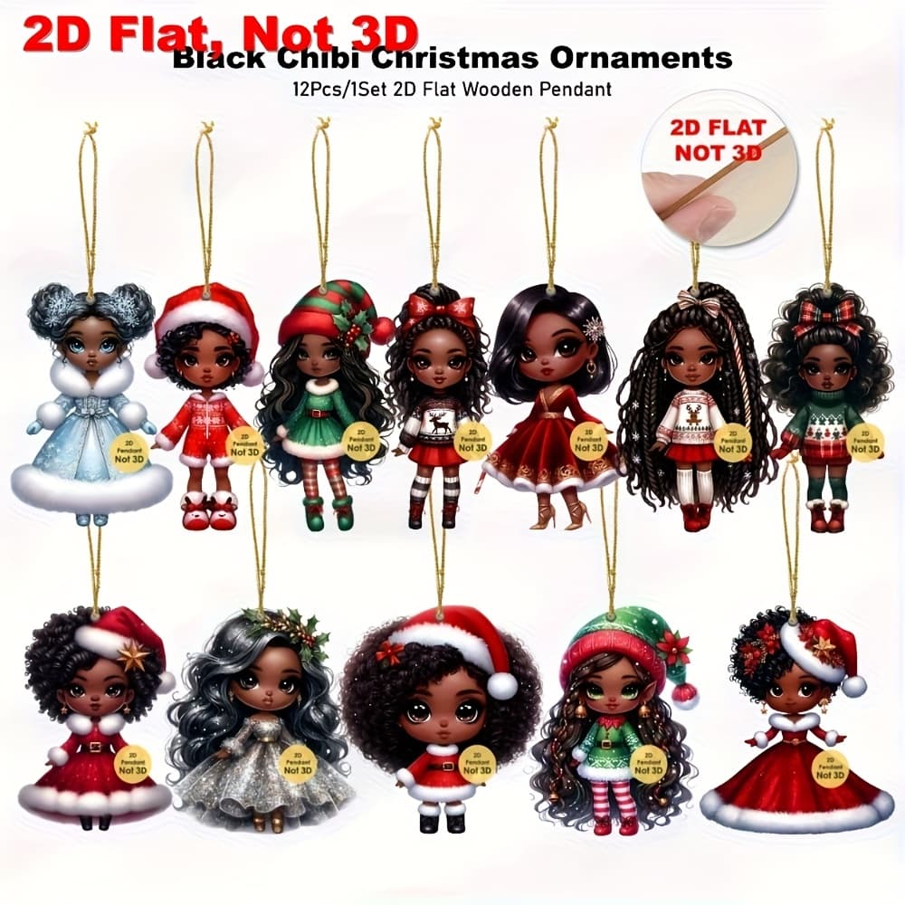 TEMU 2d Flat, [2d Flat]12pcs/1set African Chibi Christmas Ornaments - Hanging Manufactured Chibi Figures For Holiday Decorations, Festive Gift Tag, Room And Mantel Decor, 2d Flat